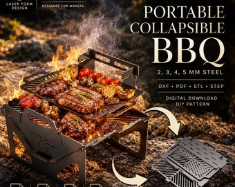 May include: A portable collapsible BBQ grill digital download pattern for 2, 3, 4, 5 mm steel. The image shows a black metal grill with steaks, tomatoes, and corn cooking over flames, alongside flat-packed components labeled DXF, PDF, STL, and STEP.