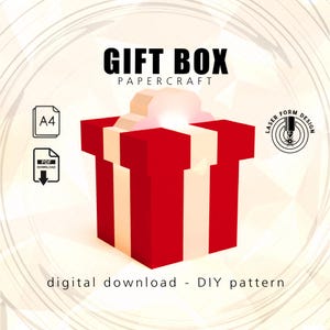 May include: A red gift box with a white ribbon, labeled "GIFT BOX PAPER CRAFT." The image includes A4 and PDF download icons, and the text "digital download - DIY pattern."
