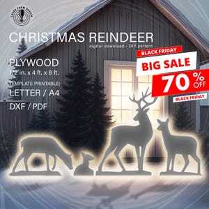 Wzory reniferów naturalnej wielkości (do druku, odrysowania i wycięcia) – szablony do dekoracji bożonarodzeniowych ze sklejki DIY. Szablon sylwetki rodziny jeleni w formacie PDF