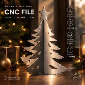 May include: A 3D Christmas tree CNC file for laser, plasma, or CNC cutting. The metallic tree features a star topper and star cutouts. Digital download includes DXF, SVG, PDF, STP, and STL formats. Material thickness is 3 mm and height is 320 mm.