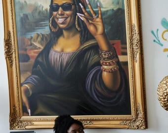 Black Mona Lisa Wall Art. Clock That Tea Canvas Print. Large African America Living Room Wall Decor Print.