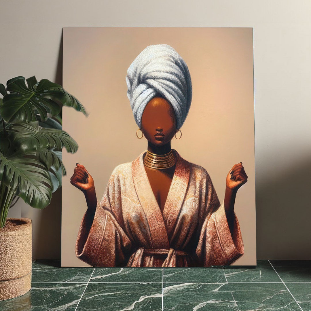 Africanamerican Bathroom Art Print, Ebony Female Wall Canvas Painting