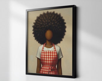 African American Kitchen Wall Decor, Black Mom Chef Art, Canvas Print Gift, Faceless Afro Dining Room Painting, Vintage Antique Style