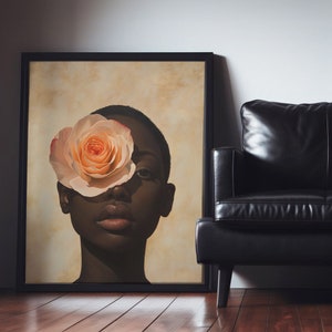 Black Flower Girl Art, Afrocentric Wall Print, Vintage Style African American Painting, Abstract Dark Skinned Beauty, Black Owned Shops