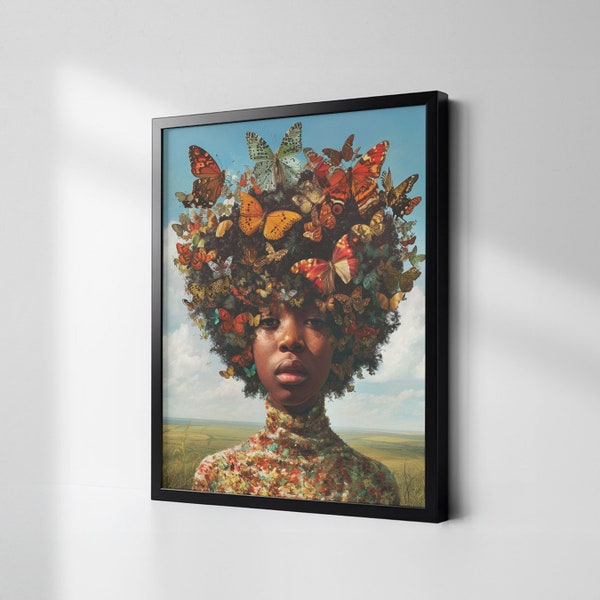 Black Beauty Painting, Pretty Girl Nature Art Print, Melanin Joy Wall Canvas, Beautiful Decor