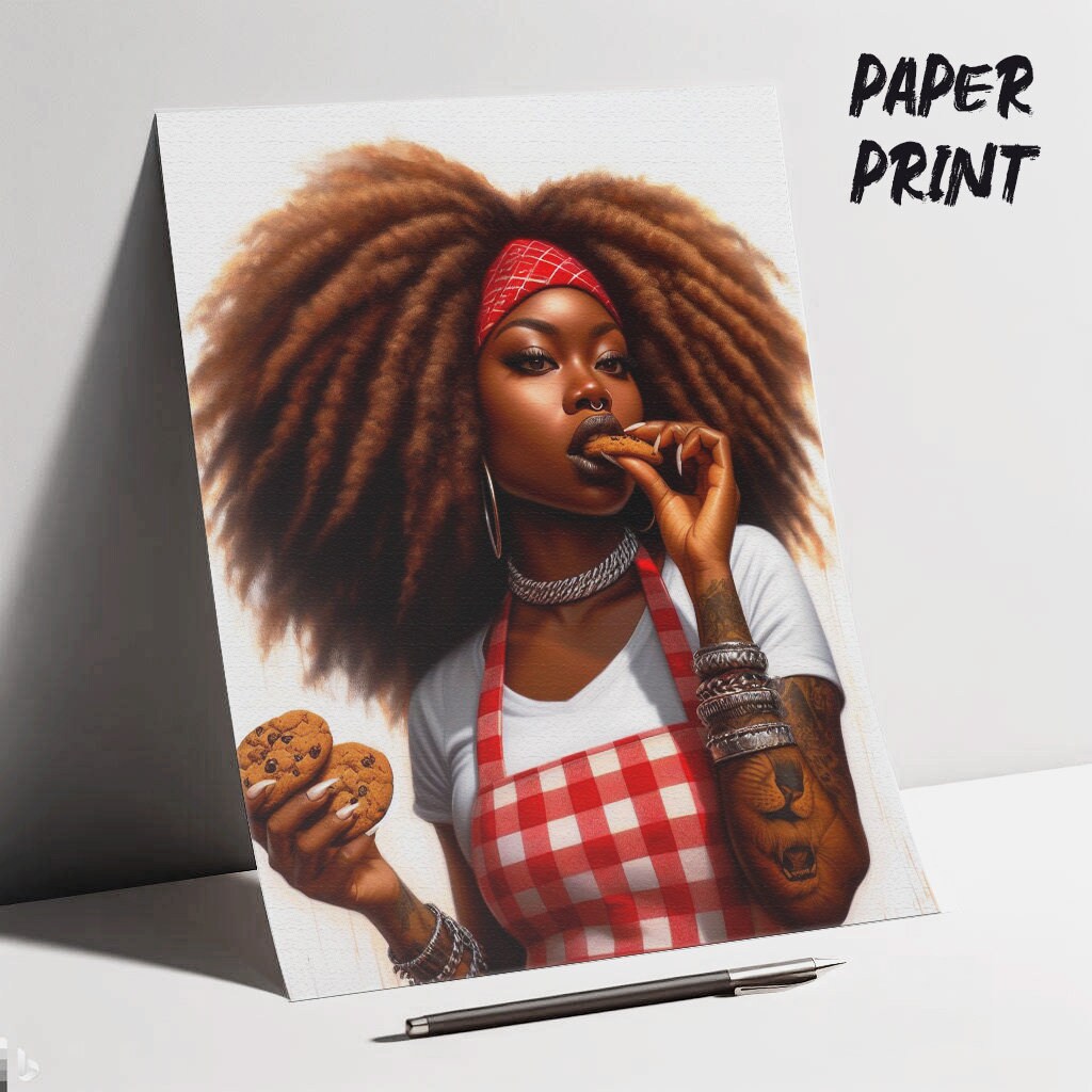 Africanamerican Kitchen Wall Art Print, Black Chef Decor, Female