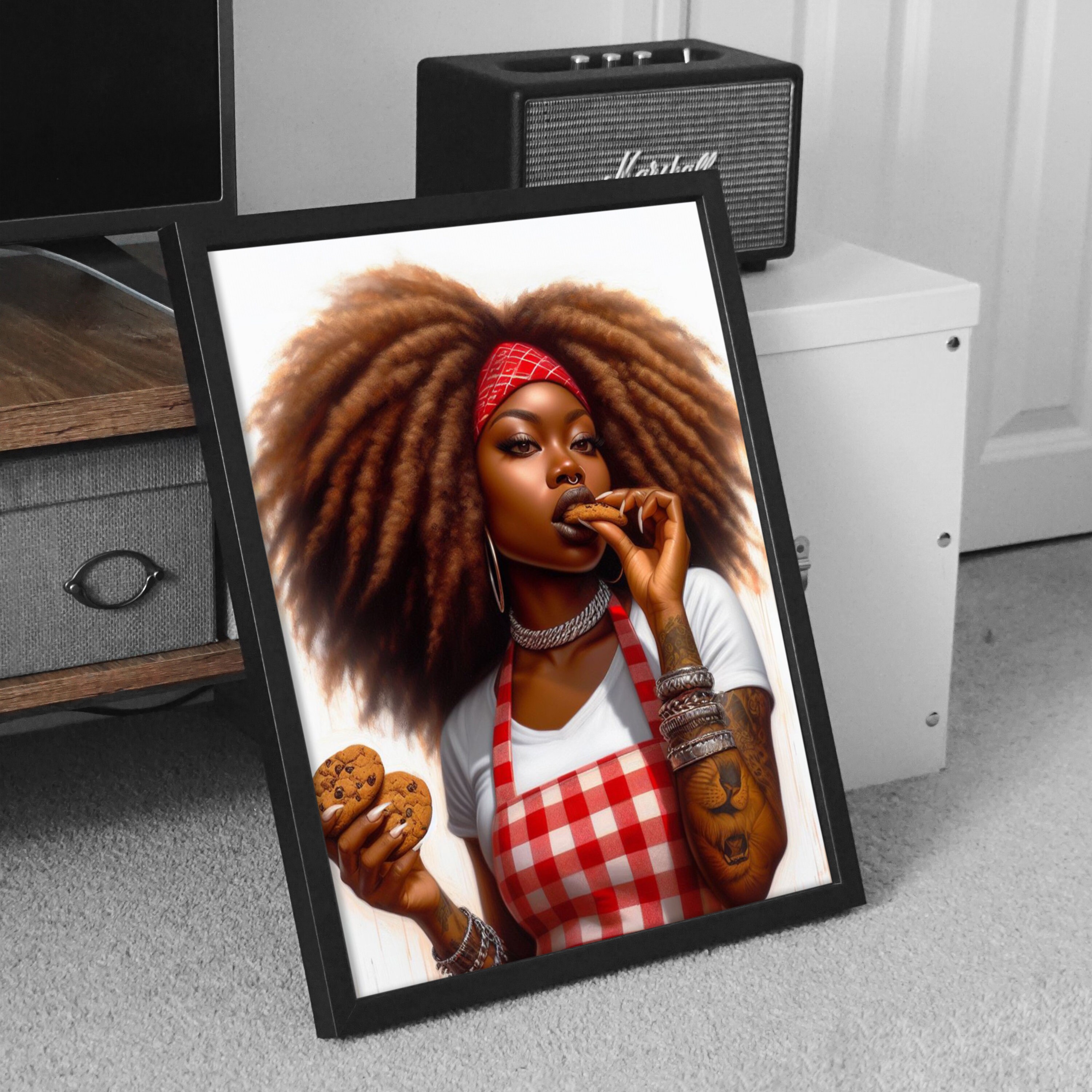 Africanamerican Kitchen Wall Art Print, Black Chef Decor, Female