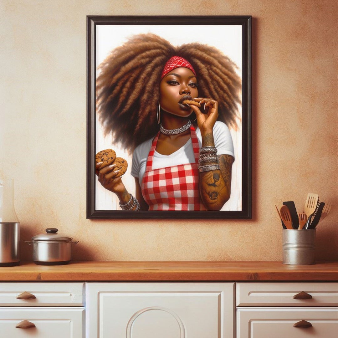 Africanamerican Kitchen Wall Art Print, Black Chef Decor, Female