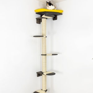 May include: A tall, beige cat tree with a brown wood base and platforms. The cat tree has a sisal-covered scratching post and a yellow cushion on the top platform. A black and white cat is sitting on the top platform.