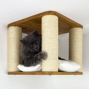 Pine Wood Cat Ceiling House: Wall Mounted Cat Tree with Sisal Scratching Posts