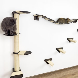 Cat Wall Furniture Set with Climbing Scratching Pole, Wall Shelf, Hammok Bed, Mounted Bridge, Natural Wood Shelves Tree Play Cat Mom Gift
