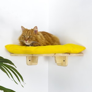 Pine Wood Corner Cat Bed: Wall Mounted Cat Perch with Pillow