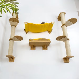 Cat Wall Furniture Set with Climbing Scratching Pole, Wall Perch Bed and Mounted Shelf, Natural Wood Shelves Tree Play Cat Mom Gift for Pets