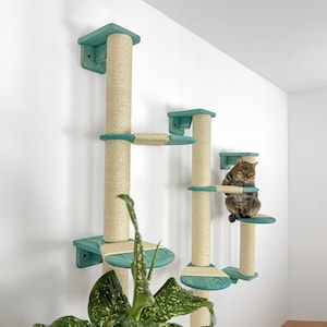 May include: A teal blue cat tree with multiple levels and scratching posts. The cat tree is mounted on a white wall. A cat is sitting on one of the platforms.