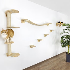 Cat Wall Furniture Set with Climbing Scratching Pole, Wall Perch Bed Shelf and Mounted Bridge, Natural Wood Shelves Tree Play Cat Mom Gift