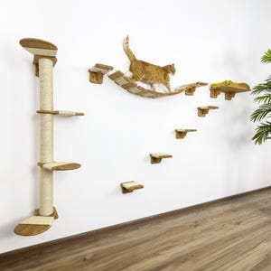 Cat Wall Furniture Set with Climbing Scratching Pole, Wall Perch Bed Shelf and Mounted Bridge, Natural Wood Shelves Tree Play Cat Mom Gift