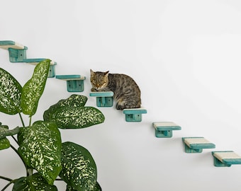 Cat Floating Steps Play Furniture Shelves Set Wall Ladder For Cat Turquoise Color Set Of Steps Climbing Wall Cat Wall Gift Pet Furniture Set
