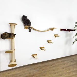 Cat Wall Furniture Set with Climbing Scratching Pole, Wall Perch Bed Shelf and Mounted Bridge, Natural Wood Shelves Tree Play Cat Mom Gift