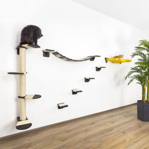 Cat Wall Furniture Set with Climbing Scratching Pole, Wall Hammock Cat Shelf and Mounted Bridge, Natural Wood Shelves Mods Play Cat Mom Gift