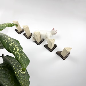 May include: A white cat walks up a set of five wall-mounted cat scratching posts. The posts are made of sisal rope and have triangular wooden bases.