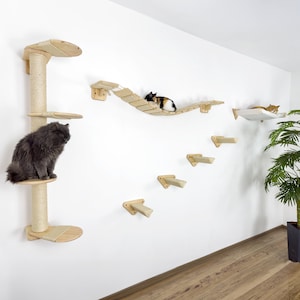 Cat Wall Furniture Set with Climbing Scratching Pole, Wall Shelf, Hammok Bed, Mounted Bridge, Natural Wood Shelves Tree Play Cat Mom Gift