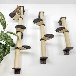 May include: A wall-mounted cat tree with multiple platforms and scratching posts. The platforms are dark brown, and the posts are wrapped in natural rope. A tabby cat is perched on the top platform. The cat tree is designed for indoor cats.