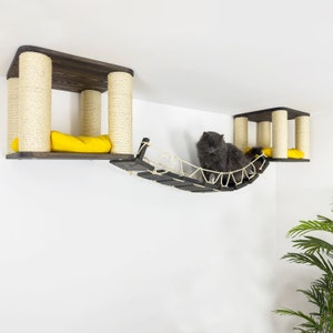 Pine Wood Cat Tree: Ceiling House with Bridge & Wall Shelves
