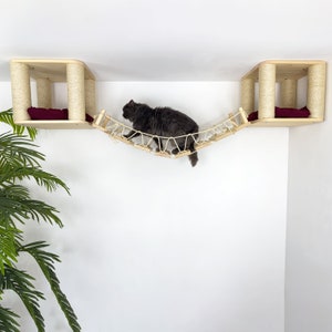 Modern Cat Ceiling House with Bridge: Natural Wood Cat Tree Furniture