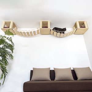 Modern Cat Wall Furniture Set: Wooden House, Shelves & Bridge