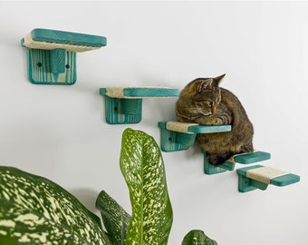 Cat Floating Steps Turquoise Color Modern Furniture For Cats Unique Natural Wood Walkway Set of 5 Steps With Scratcher For Cats Gift For Pet