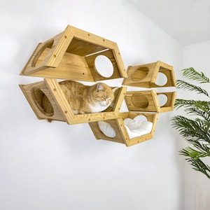 Hexagon Cat Wall Bed Set: Natural Pine Wood Shelves & Bridge