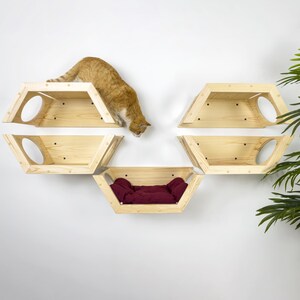 Hexagon Cat Wall Bed Set: Natural Pine Wood Shelves & Perch