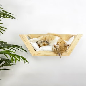 May include: A wooden cat bed shaped like a hexagon with rounded edges. The bed is mounted to a wall and has a white cushion inside. A ginger cat is lying on the cushion.