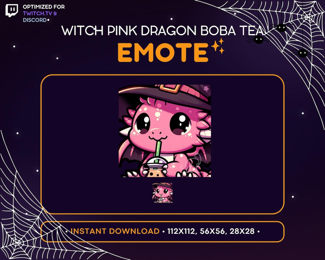Pink Dragon Twitch Emote Boba Tea, Witch Hat, Halloween Emote, Discord