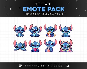 Stitch Twitch Emote Pack 8x - Stitch Discord Emote, Stitch Streaming Assets, Stitch Love, Comfy, Lurk, Popcorn, Gaming, Emoji, PNG Sticker