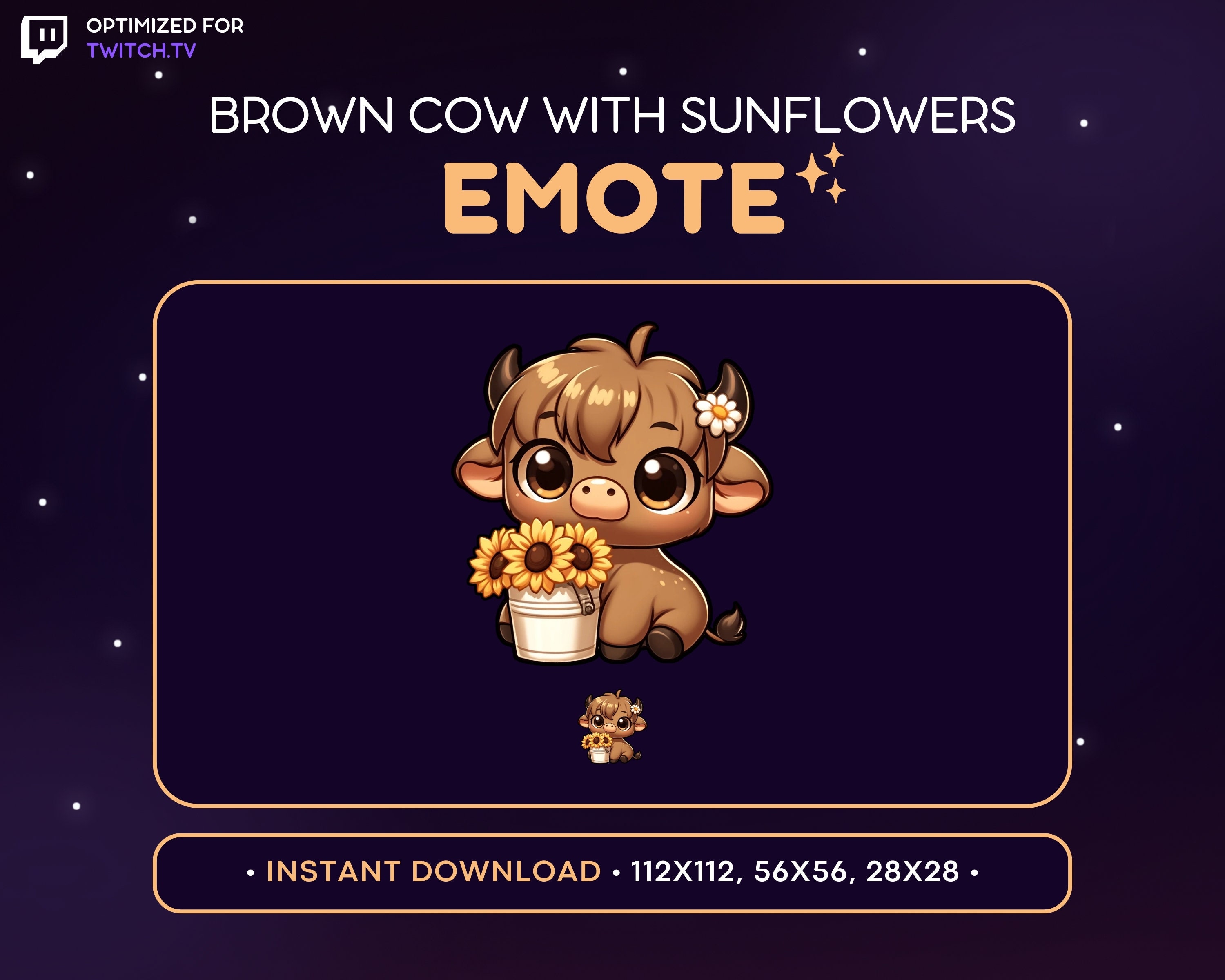 Cute Brown Cow Twitch Emote - Sunflower Bucket Cow Emote, Cow Discord Emote, Gaming, Streaming, Emoji, Kawaii Adorable, Flowers, Moo, Farm