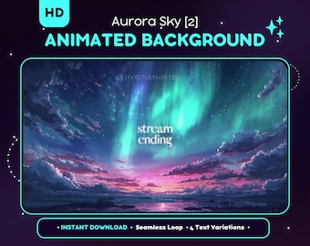 Può includere: Immagine di sfondo animata con una scena di aurora boreale. L'opera presenta un cielo colorato con sfumature di blu, verde e rosa, con il testo "stream ending". L'immagine è etichettata come "Aurora Sky [2] ANIMATED BACKGROUND".