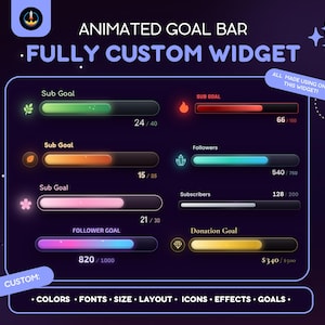 May include: An animated goal bar widget featuring multiple progress bars with various icons, colors, and numerical goals. Text includes "ANIMATED GOAL BAR", "FULLY CUSTOM WIDGET", "Sub Goal", "Followers", "Subscribers", "Donation Goal", and "CUSTOM: COLORS, FONTS, SIZE, LAYOUT, ICONS, EFFECTS, GOALS."