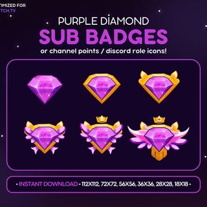Diamond Twitch Sub Badges - Purple Medal Discord Role Badge, Channel Point Icons, Streaming Assets, Gaming Emoji, Loyalty Badges, Bit Badges