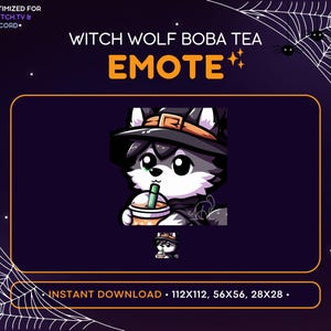 Emote Twitch loup - Boba tea, boisson, chapeau de sorcière, emote d&#39;Halloween, serveur Discord, magie, effrayant, effrayant, emoji, décoration de ruisseau, sorcier