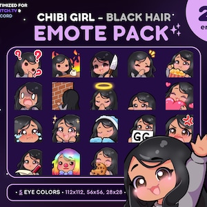 Chibi Girl Emote Pack 20x - Black Hair Girl Twitch Emote [Tan Skin, 5 Eye Colors], Streaming Assets, Wave, Love, Lurk, Notes, Knife, Mad