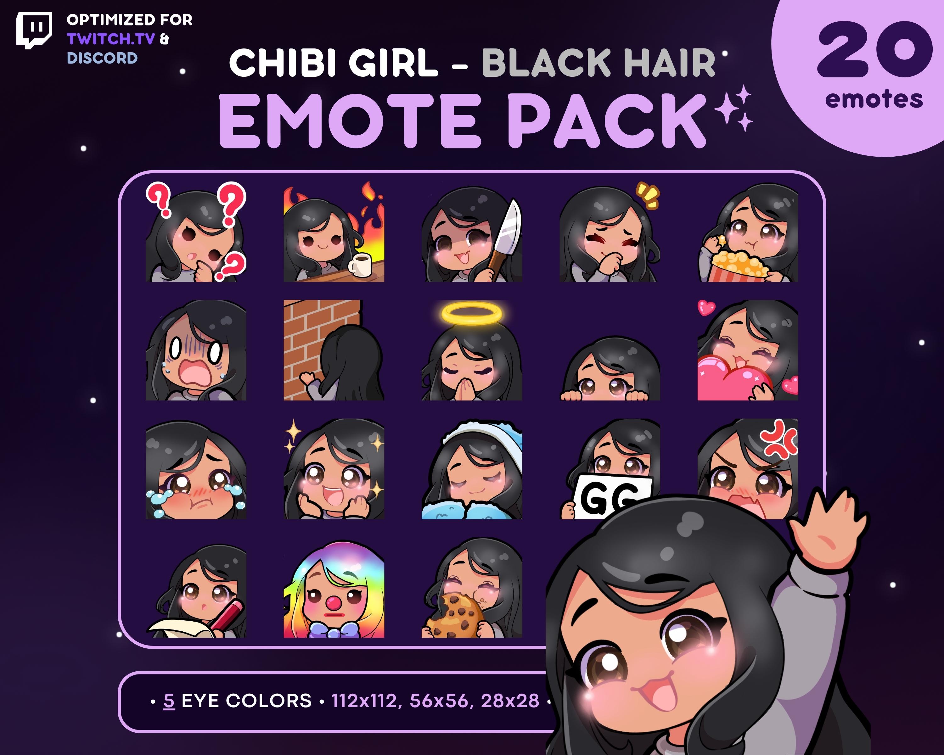 Chibi Girl Emote Pack 20x - Black Hair Girl Twitch Emote [Tan Skin, 5 Eye Colors], Streaming Assets, Wave, Love, Lurk, Notes, Knife, Mad