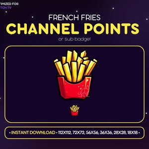 Könnte beinhalten: Digitales Grafik für Twitch.tv mit einem Cartoon-Bild von Pommes Frites in einem roten Behälter. Der Text lautet "FRENCH FRIES CHANNEL POINTS or sub badge!" und "INSTANT DOWNLOAD" mit verschiedenen Größenoptionen.