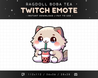 Cute Ragdoll Twitch Emote - Bubble Tea Cat Emote, Ragdoll Cat Discord Emote, Gaming, Streaming, Emoji, Kawaii Adorable, Boba, Drink, Fluffy