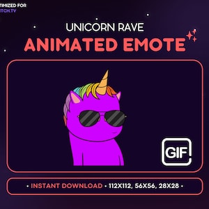Rave Unicorn geanimeerde emote - geanimeerde twitch-emote, streaming-items, streamers, klaar om te downloaden, GIF, Unicorn Discord-emote, jam, sfeer