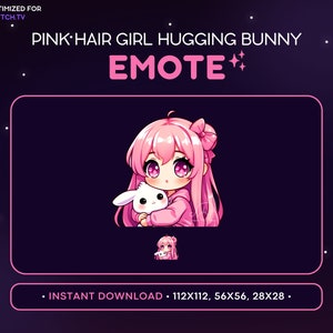 Pink Hair Chibi Girl Twitch Emote, Hugging Bunny, Kawaii Anime, Bunny Girl Twitch Emote, Cute Animal Emote, Streaming Gaming Discord Emote