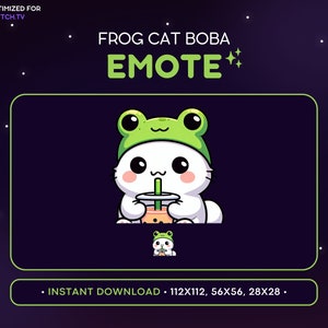 May include: A cartoon illustration of a white cat wearing a green frog hat, holding a boba drink. The text "FROG CAT BOBA EMOTE" is above the cat. The image is optimized for Twitch.tv and includes download sizes.