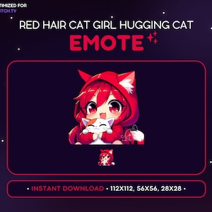 Gesto de Twitch de chica chibi de pelo rojo, gato abrazado, gesto de anime kawaii, gesto de Twitch de chica gata, gesto de gato lindo, gesto de Discord de transmisión de juegos