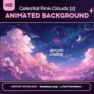 Può includere: Uno sfondo animato a tema celeste. L'immagine presenta nuvole rosa, una luna crescente e stelle contro un cielo blu scuro. Il testo sull'immagine recita "stream ending".