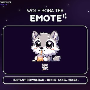 May include: A cartoon wolf with grey fur and large eyes is drinking boba tea. The wolf has a pink blush on its cheeks. The image is a digital illustration and is optimised for Twitch.TV. The text "WOLF BOBA TEA EMOTE" is at the top of the image. The text "INSTANT DOWNLOAD - 112X112, 56X56, 28X28" is at the bottom of the image.